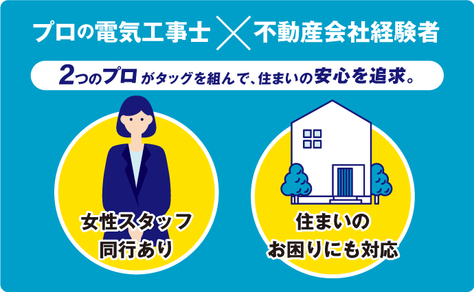 「プロの電気工事士」「不動産会社経験者」2つのプロがタッグを組んで、住まいの安心を追求。女性スタッフ同行あり／住まいのお困りにも対応